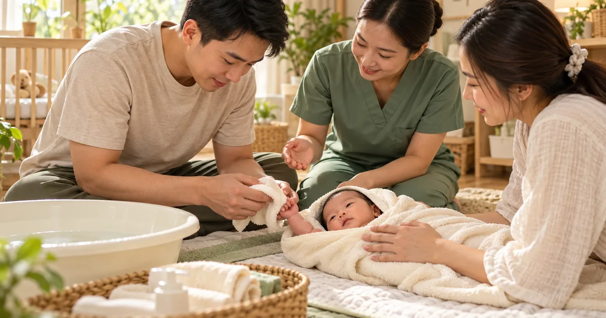 Chuyên viên hướng dẫn bố mẹ chăm sóc bé cạnh đồ dùng tắm.