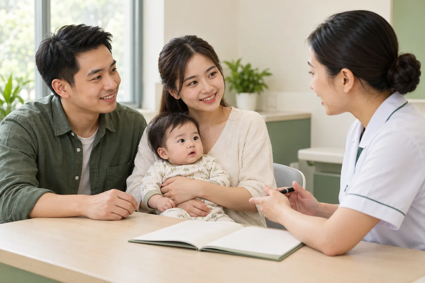 Bố mẹ cùng bé ngồi tư vấn với nhân viên y tế về sổ tiêm chủng