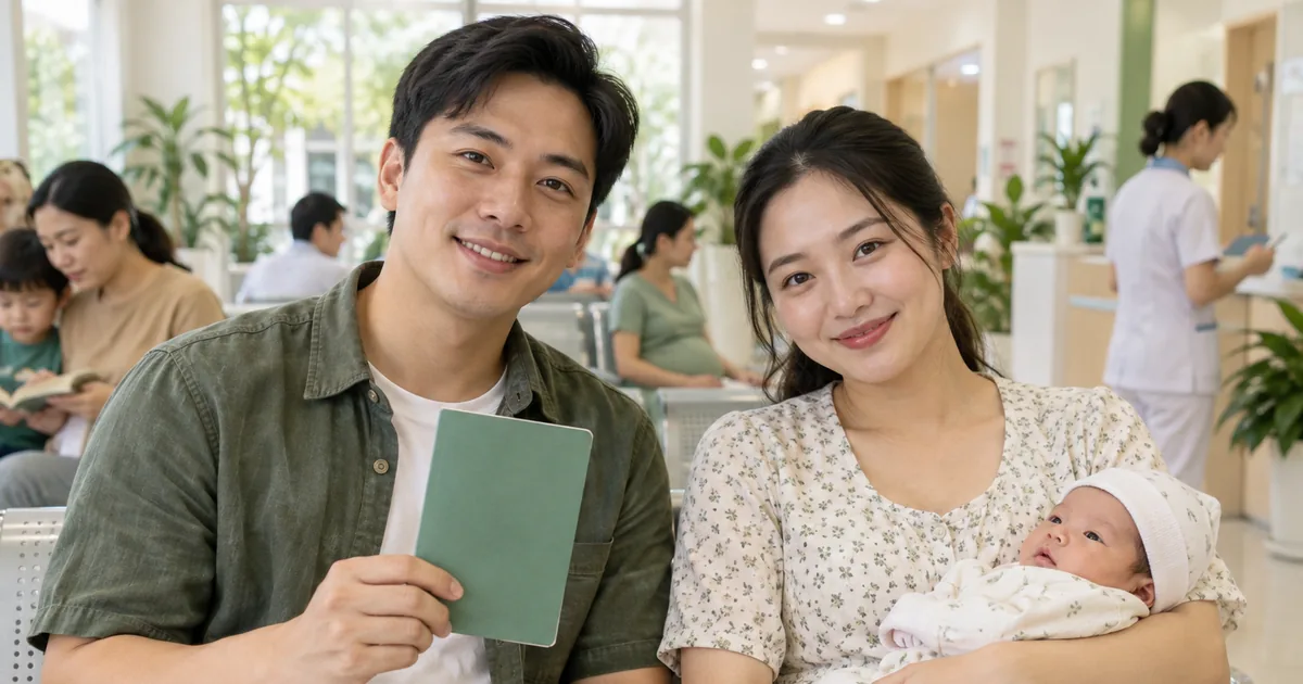 Bố mẹ cầm sổ tiêm chủng và ôm bé trong phòng chờ sáng thoáng