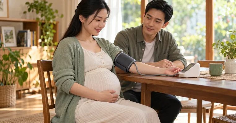 Mẹ bầu theo dõi huyết áp với vòng bít cánh tay và người thân bên cạnh