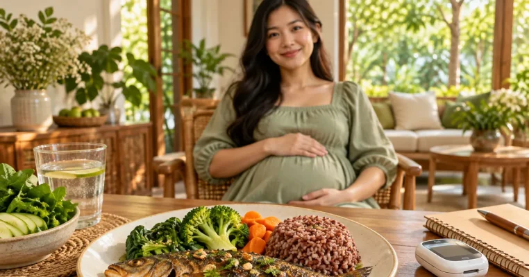 Mẹ bầu ngồi bên bữa ăn có rau, cơm gạo lứt và cá chín cùng máy đo đường huyết