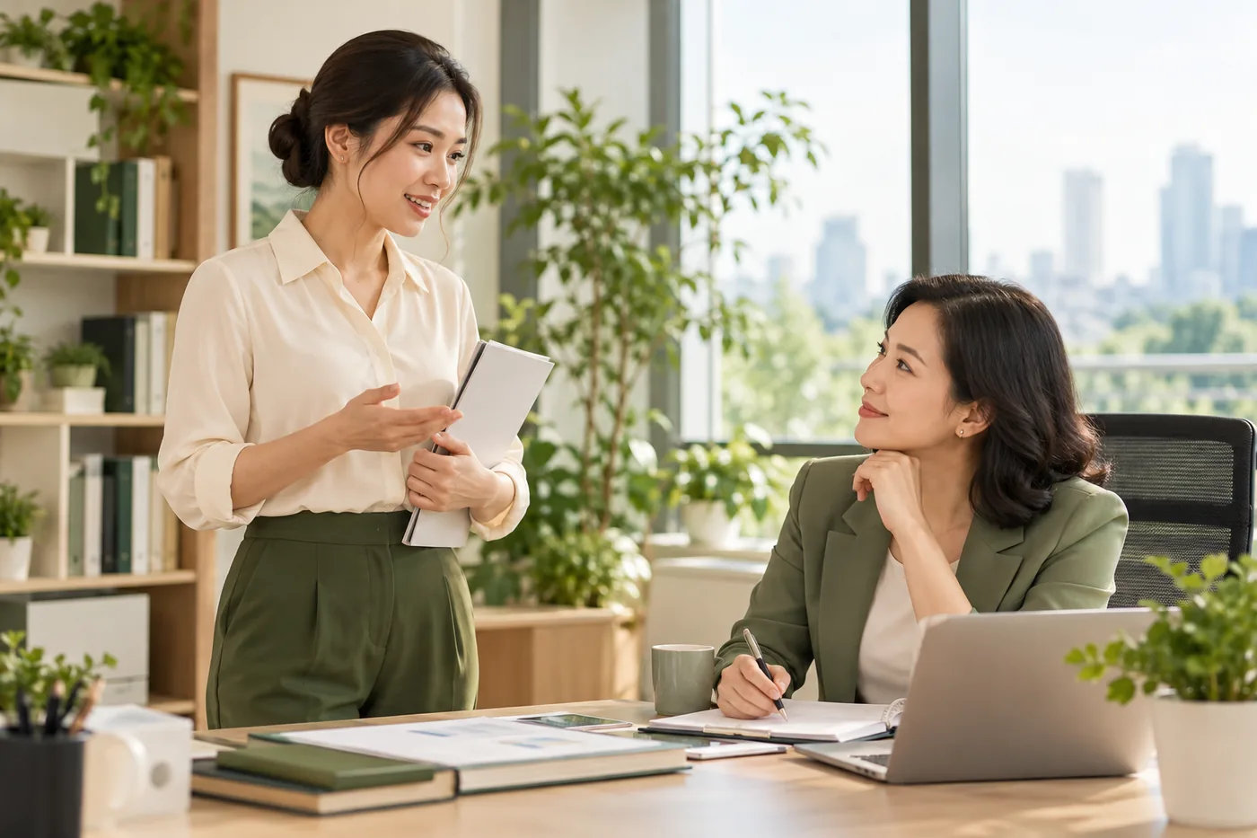 Mẹ trao đổi với đồng nghiệp về giờ nghỉ và không gian vắt sữa tại cơ quan.
