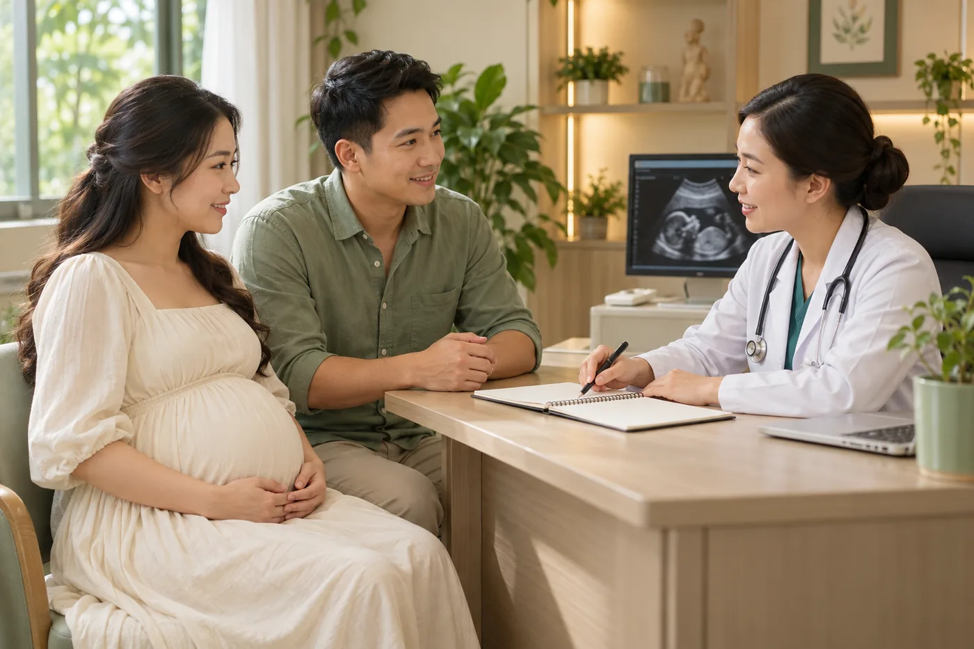 Mẹ bầu và người thân trao đổi với bác sĩ tại bàn tư vấn.