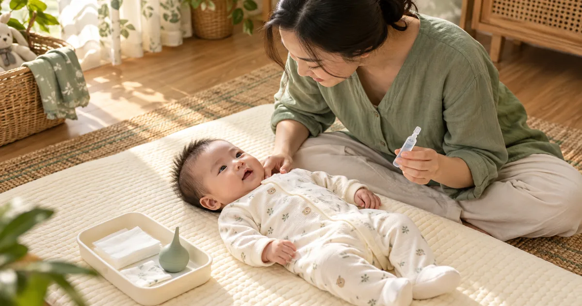 Mẹ chuẩn bị nước muối và khăn sạch cạnh bé.