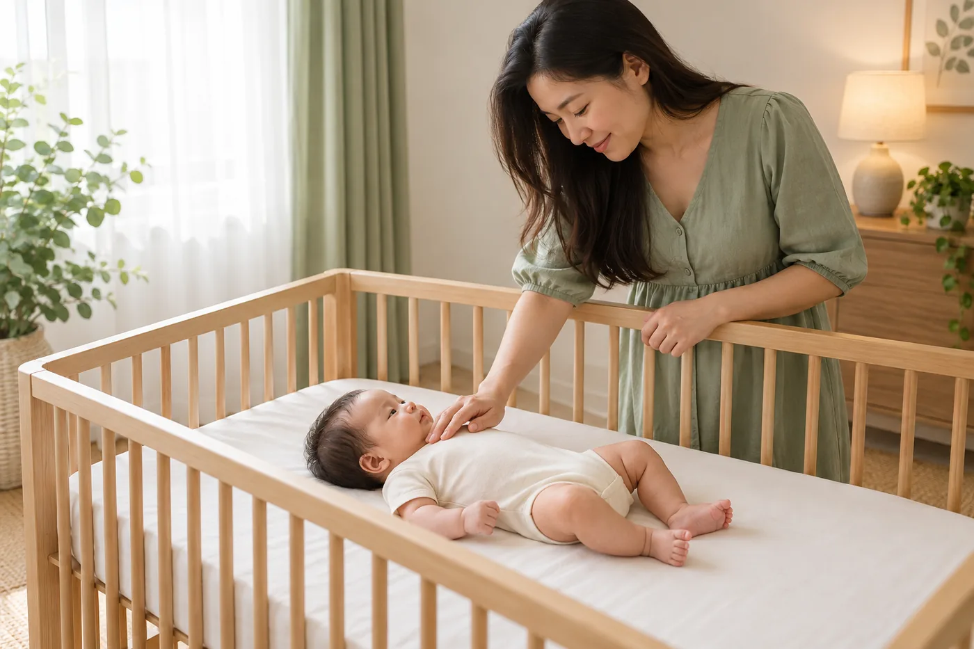 Người mẹ kiểm tra ngực bé sơ sinh đang nằm ngửa trong nôi sạch
