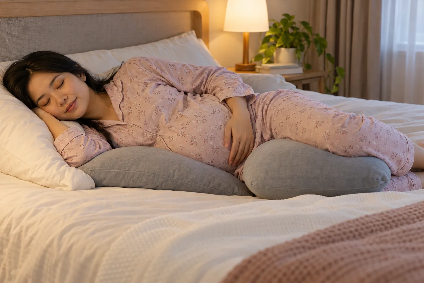 Mẹ bầu nằm nghiêng với gối giữa hai đầu gối và đỡ bụng.
