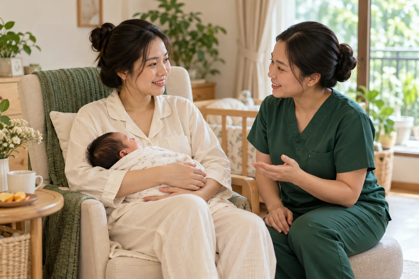 Mẹ bế bé sơ sinh khi ngồi nghỉ trên ghế có đệm, bên cạnh là người chăm sóc mặc đồng phục xanh