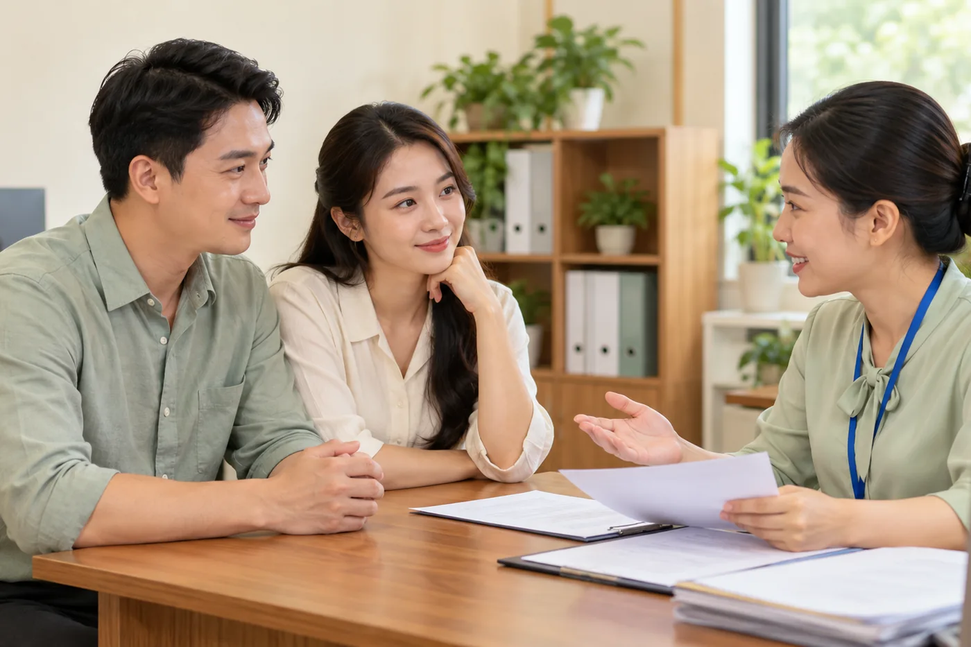 Gia đình trao đổi giấy tờ với nhân viên tư vấn tại bàn