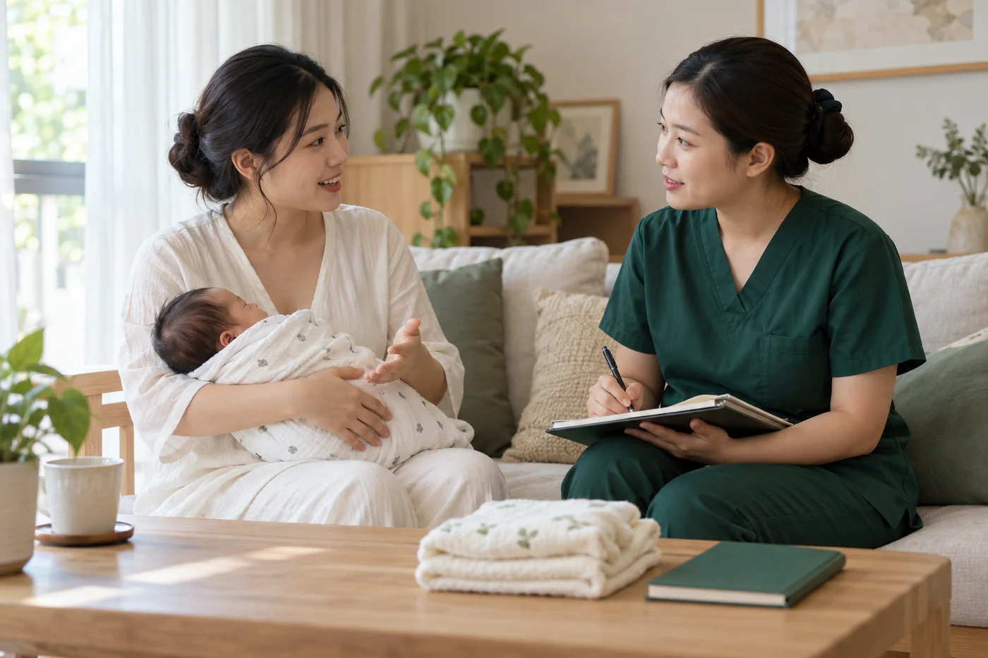 Mẹ bế bé sơ sinh trao đổi với người chăm sóc đang ghi chép về nhu cầu hỗ trợ cho bú tại nhà