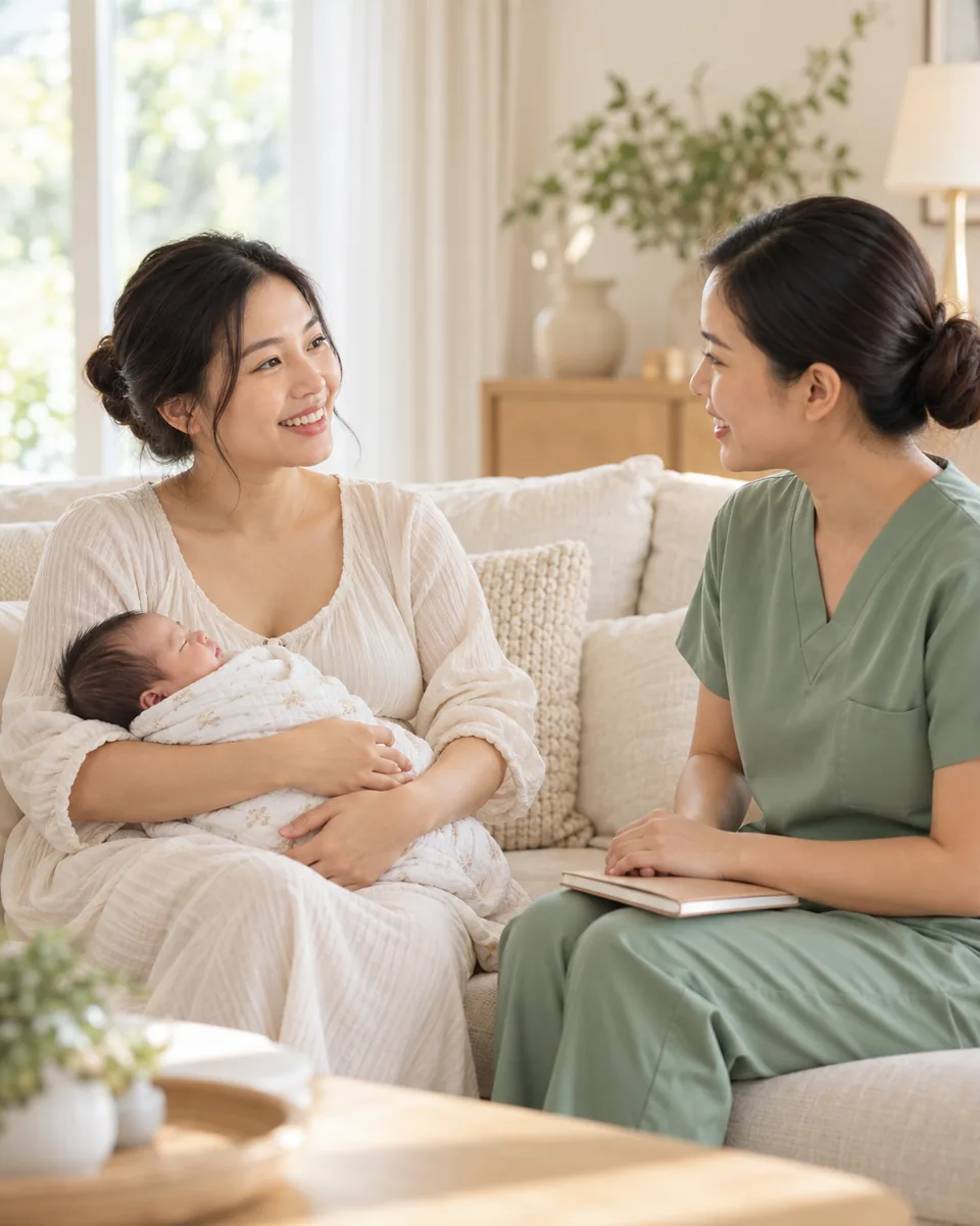 Mẹ ôm bé sơ sinh trao đổi với chuyên viên về chăm sóc mẹ và bé tại nhà