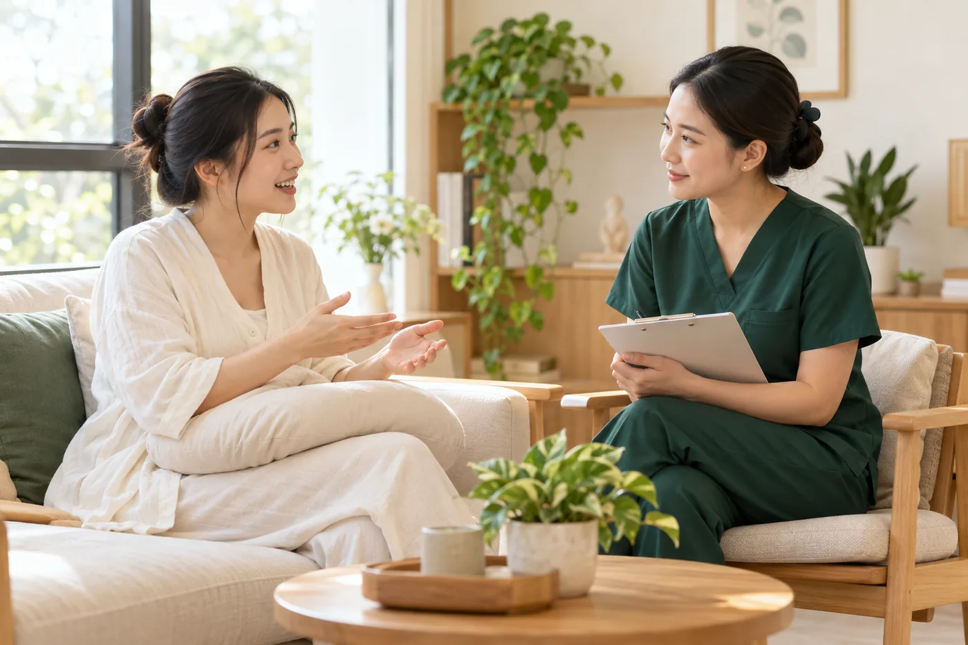 Mẹ sau sinh trao đổi với nhân viên y tế mặc đồng phục xanh cầm bảng ghi chép