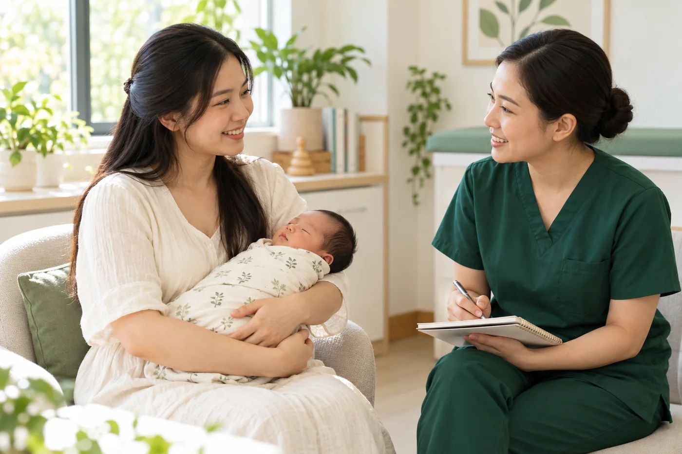 Mẹ bế bé sơ sinh trao đổi với nhân viên y tế mặc áo xanh đang ghi chép