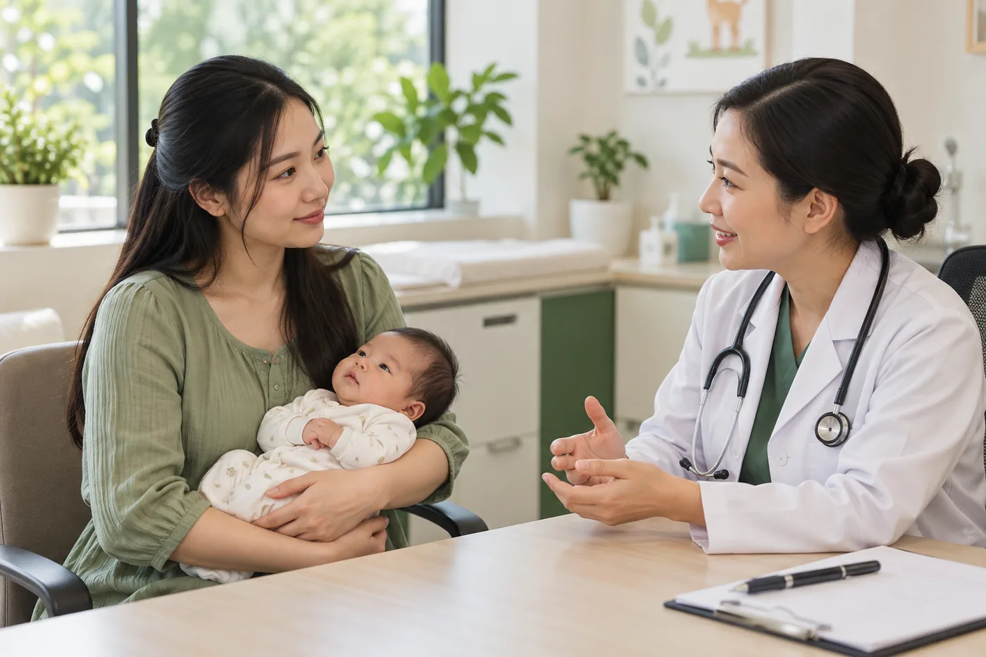 Mẹ trao đổi với nhân viên y tế về nhịp bú và nguồn sữa.