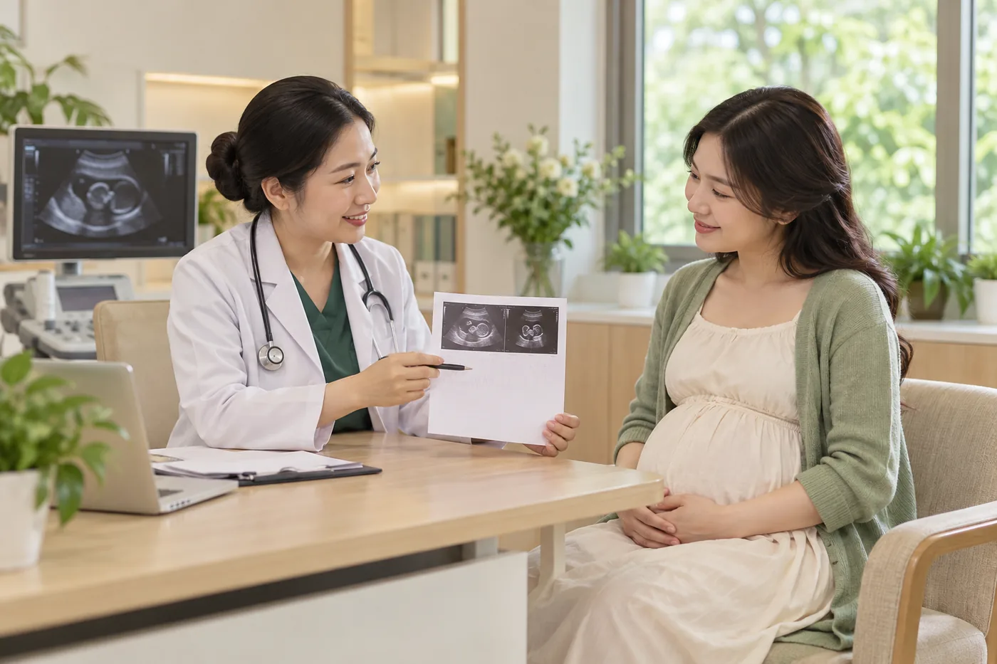 Bác sĩ trao đổi kết quả theo dõi tăng trưởng thai với mẹ bầu trong phòng khám.