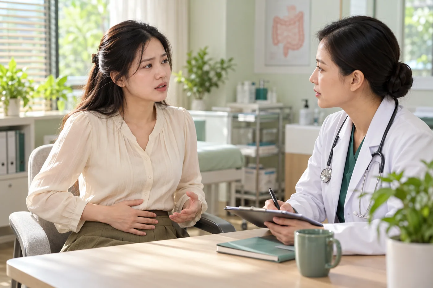 Mẹ trao đổi với nhân viên y tế về khó chịu khi đi ngoài sau sinh.
