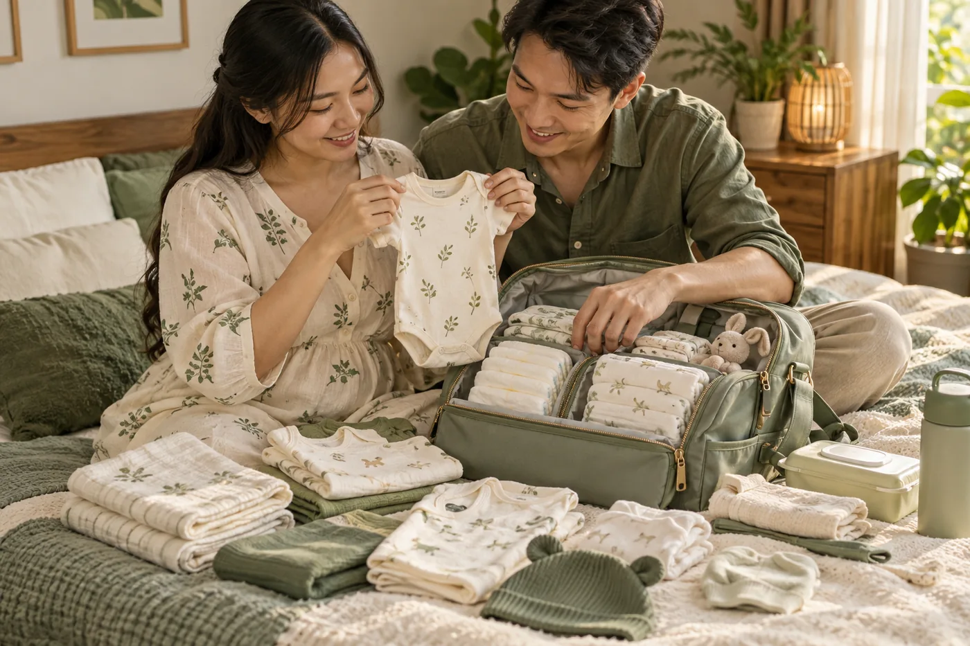 Mẹ bầu và người thân sắp xếp quần áo sơ sinh, tã và khăn vào túi riêng.
